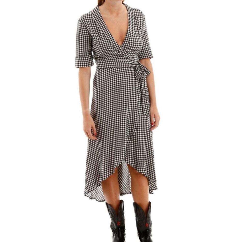GANNI Gingham Check Print Midi Wrap Dress - Black + White - Size 40 (US 8/10)